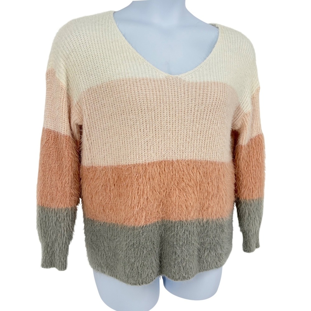 Adora Sweater Eyelash Knit Colorblock Oversized V-Neck Fuzzy Soft Girl Medium